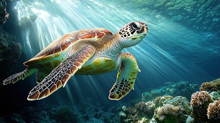 Obraz premium A beautiful sea turtle gracefully glides through sunlit ocean waters with an array of marine life below.