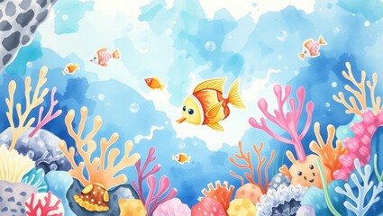 Watercolor Cartoon Fish and Coral Reef Underwater Illustration