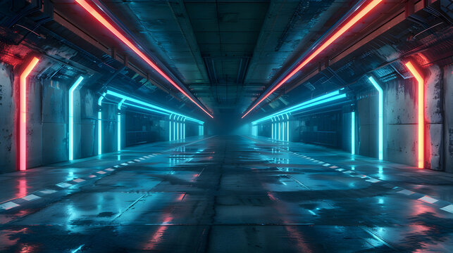 Futuristic neon lights interior Hdri. 360 panoramic view of a cyber garage room hangar with sci fi glowing blue tubes. Vr projection of dark tunnel warehouse with wet cement floor 3d Rendering