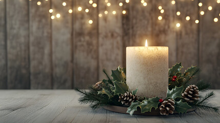 Christmas Candle with Holly and Pine Cones on Rustic Wooden Background