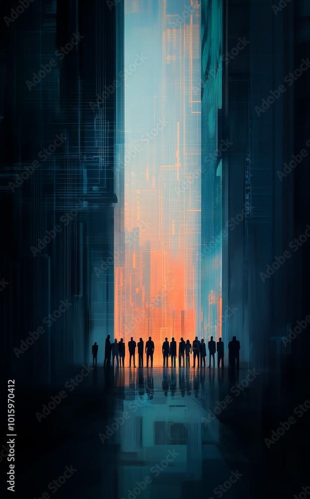 Poster group of silhouettes in a high-tech cityscape with blue and orange light patterns symbolizing a futu