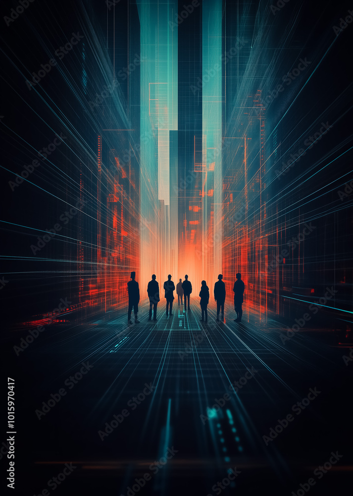 Poster a group of people gazing at a towering skyline illuminated by data streams and neon colors.