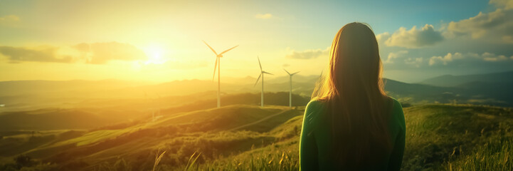 An image depicting a woman with long hair standing on a hill and looking towards wind turbines, set against a warm sunset background. The scene emphasizes a sustainable future.