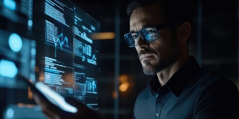 Focused professional analyzing data on futuristic transparent screen, wearing glasses and using a stylus in a dark office setting.