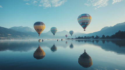Hot air balloon festival on the lake shore, reflection of hot air balloons flying on the calm water surface, Ai generated images