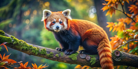 Obraz premium red panda perched on mossy branch, surrounded by vibrant autumn leaves, exudes sense of tranquility and curiosity in its natural habitat