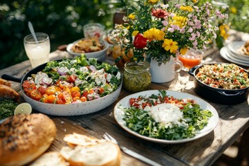 Potluck picnic with various foods laid out on a picnic table. Guests are enjoying the fresh air and each other’s dishes, Generative AI