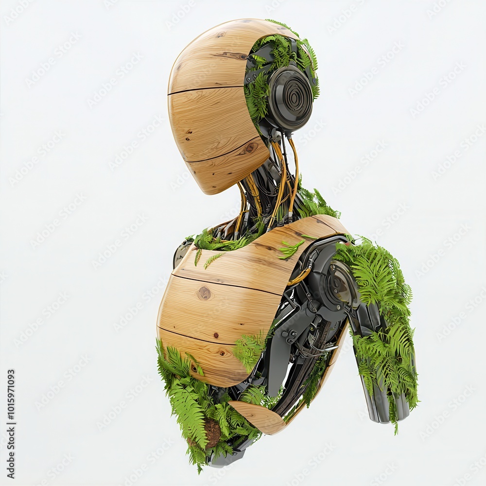 Canvas Prints Wooden robot with green plants.