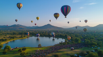Fototapeta premium International Hot Air Balloon Festival in Mexico, hundreds of colorful hot air balloons flying in the blue sky at sunrise, green hills and calm lake in the background, Ai generated images