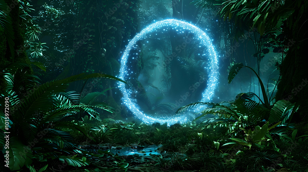 Poster illuminated azure loop creating a stark contrast with the dark, lush greenery around