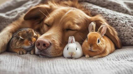 A serene scene of a sleeping dog cuddled up with three bunnies, exuding warmth and tranquil companionship.