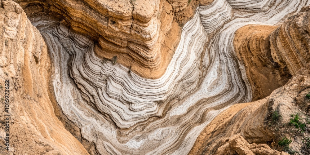 Poster an aerial view of a canyon with layers of sedimentary rock, creating an abstract pattern of light an