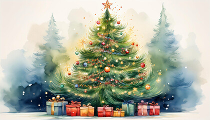 Soft watercolor. Christmas Tree with Gifts and Sparkling Lights