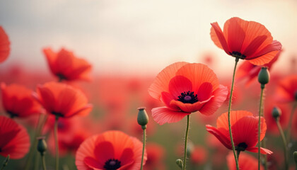 Fototapeta premium Field of bright red poppy flowers blooming gracefully under soft sunlight