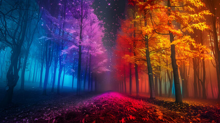 Obraz premium landscape in a fabulous forest, rainbow spectrum of colorful autumn trees in unusual neon lighting, fog background autumn fantasy