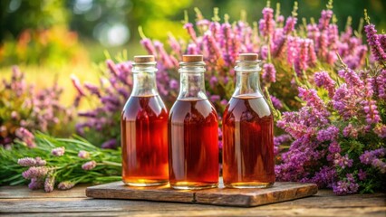 Three bottles of herbal syrup with fresh wild heather flowers outdoors, herbal, syrup, bottles, wild, heather