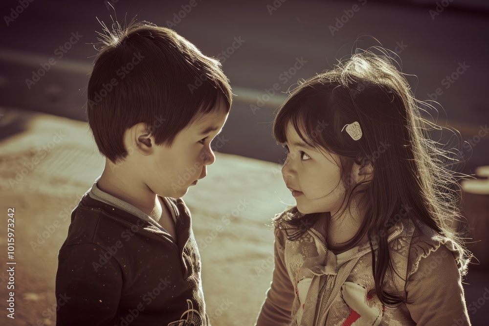 Poster little boy and girl looking at each other on the street in the city