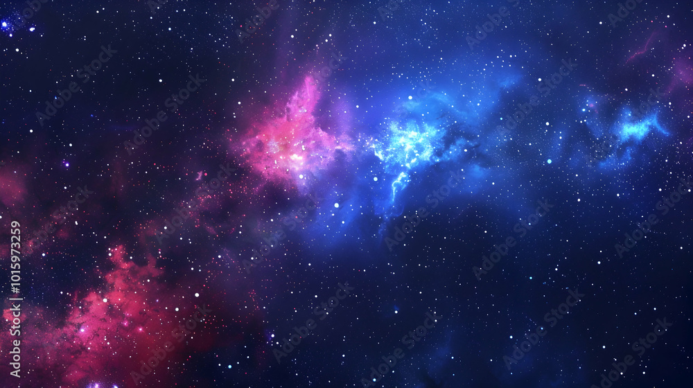 Poster large panoramic view of a colorful dark blue nebula in space. cosmic background with bright shining 