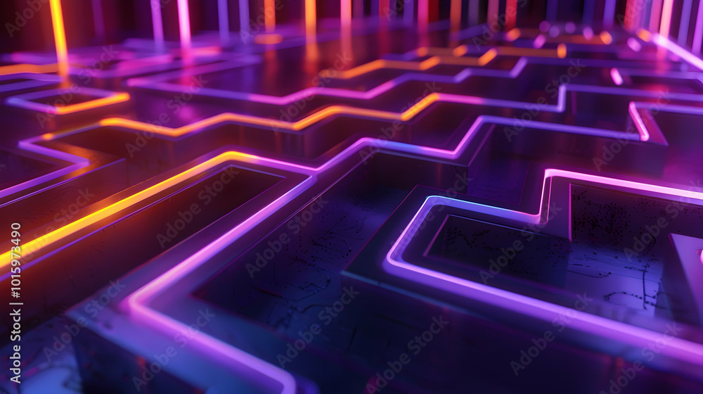 Poster abstract maze of glowing lines and illuminated pathways, inviting viewers to navigate through a worl