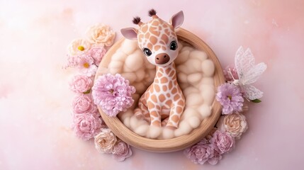 A plush giraffe toy in a basket, surrounded by pastel pink flowers, creates a charming and whimsical scene.