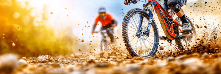 Professional athletes racing along a rugged mountain path, kicking up mud and dirt