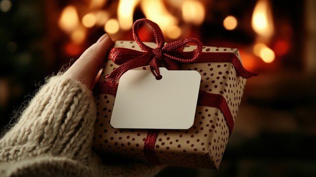A hand clad in a sweater holds a neatly wrapped gift in front of a fire.