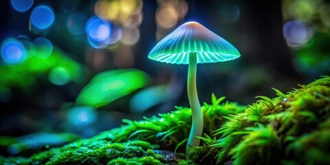 Fototapeta premium Luminescent Mycena chlorophos mushroom glowing in dark tropical rainforest , super macro, rare, green, enchanting