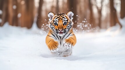 Obraz premium A playful tiger cub bounds energetically through a snowy landscape, captured in mid-action.