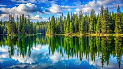 Idyllic landscape of pine trees reflecting in a beautiful lake, nature, tranquil, pine trees, reflection, serene, scenic