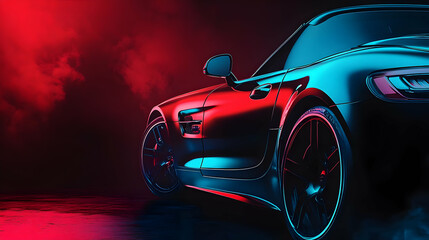 Obraz premium Sleek Sports Car Poses in a Neon-Lit Studio with Atmospheric Smoke