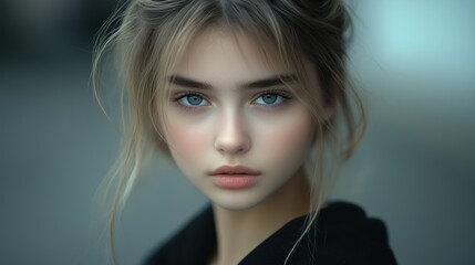Fototapeta premium A close-up portrait of a woman, softly lit, with gentle features and an ethereal expression.