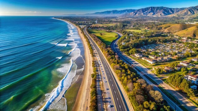 Aerial panorama of Highway 101 in Carpinteria, a scenic coastal road close to Santa Barbara, highway, 101, Carpinteria, coast