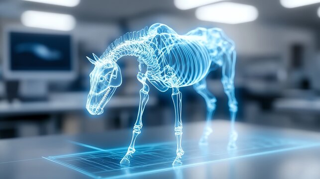 3D hologram of horse skeleton in laboratory setting, white isolate background