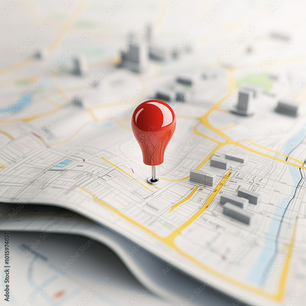 Wall mural red pin is marking a specific location on a 3d city map with buildings and a river