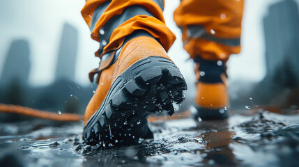 Close-up of a worker's boot splashing in water on a construction site.