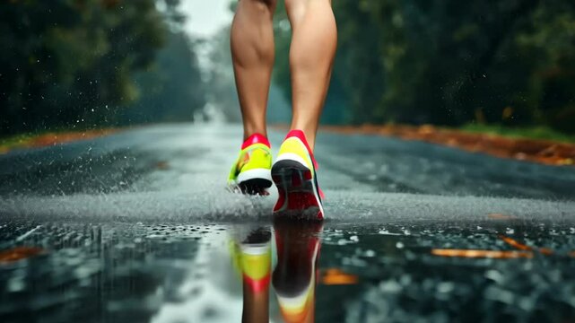 A person is running in the rain with their feet splashing in puddles. Concept of determination and perseverance, as the person continues to run despite the wet conditions.