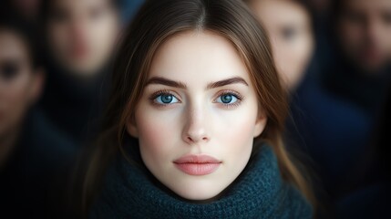 Close-up portrait of a young woman with blue eyes and natural makeup, soft focus background.