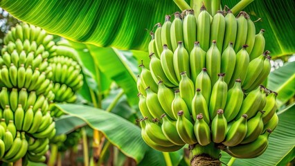 Close-up of green tropical banana fruits growing on a lush banana plantation , Tropical, Green, Banana, Fruits, Close-up