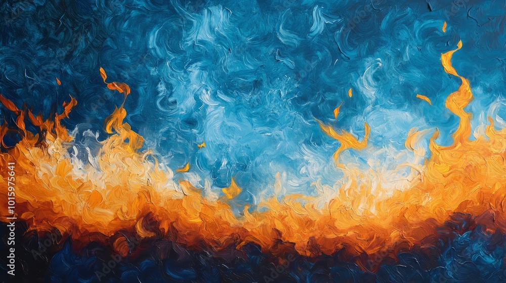 Poster abstract backdrop featuring a striking fusion of cool blue water and warm orange flames, creating a 