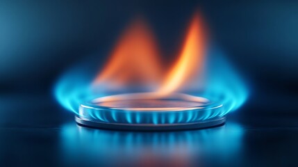 Gas flame burning on stove, blue and orange glow, isolated on dark background.