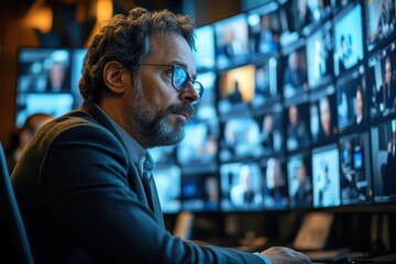 Man working with multiple screens in a control room. Technology, surveillance, and data analysis environment with focus and concentration.