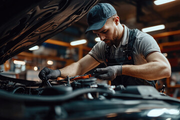 Experienced mechanic tightening car battery terminal with wrench in repair shop, demonstrating professionalism and dedication