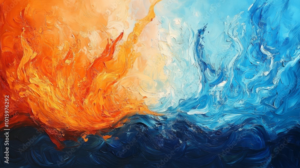 Poster abstract backdrop featuring a striking fusion of cool blue water and warm orange flames, creating a 