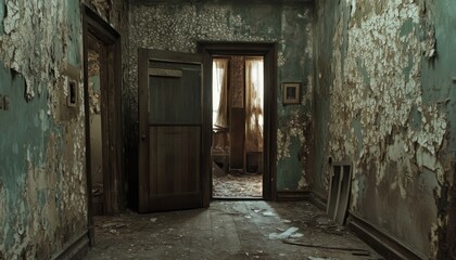 Fototapeta premium A hallway in an abandoned building with peeling paint, debris on the floor, and open doorways leading to other rooms.
