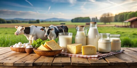 Fototapeta premium Fresh dairy products on a farm table with cows in background, fresh milk, glass carafe, cans, soft cottage cheese, hard cheeses