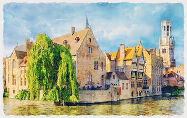Picturesque cityscape with colorful medieval houses and Belfry in Bruges, Belgium. Watercolor painting.