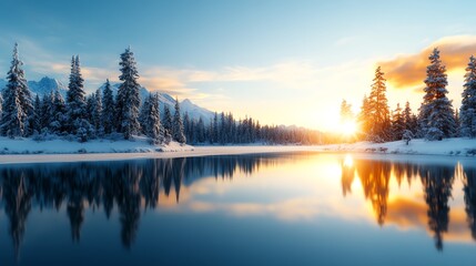 Fototapeta premium Snowy landscape at sunset with trees reflecting on a tranquil lake.