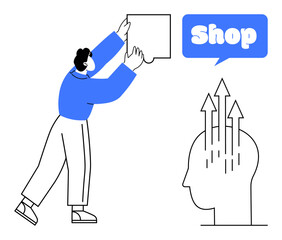 Person reaching to place a sign. Outline of a head with arrows emerging from it. Blue speech bubble with word Shop. Ideal for commerce, marketing, business growth, innovation, advertising. Minimalist