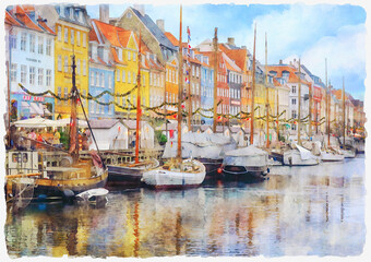 Picturesque cityscape with colorful medieval houses and boats on the waterfront in Copenhagen, Denmark. Watercolor painting.