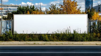 Blank Billboard Stands Beside Road With Bushes